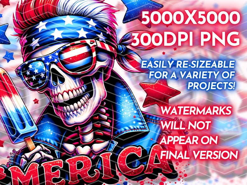 May include: A digital illustration of a skeleton wearing a red, white, and blue bandana, sunglasses, and a denim jacket. The skeleton is holding a red, white, and blue popsicle. The text "AMERICA" is written in red, white, and blue glitter letters at the bottom of the image. The image is 5000x5000 pixels and 300 DPI.