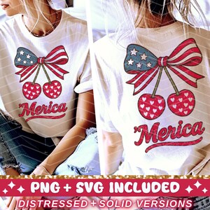 May include: White t-shirt with a red, white and blue bow with cherries and the word "Merica" printed on it. The shirt is distressed and has a solid version.