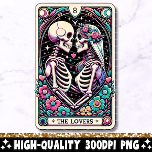 The Lovers Tarot Card PNG, Skeletons In Love Sublimation Design, Witchy Vibes Lovers Gothic Tarot T-shirt Mug Skull PNG, téléchargement numérique