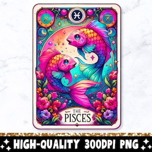 Die Pisces Tarot Karte PNG, Sternzeichen Sublimationsdesign, Witchy Vibes Celestial Pisces Zeichen Gothic Tarot T-Shirt Becher PNG-Datei, digitaler Download