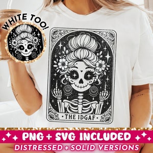 De IDGAF tarotkaart SVG PNG, sarcastisch skelet sublimatie ontwerp, grappige vloekende trendy schedel gesneden bestand, geen fuck gegeven, digitale download