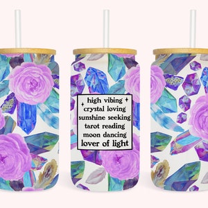 Crystal Lover 16oz glasblikverpakking, digitale download sublimatieontwerp, 16oz sjabloon, glazen pot hippiebeker wrap naadloos png-ontwerp
