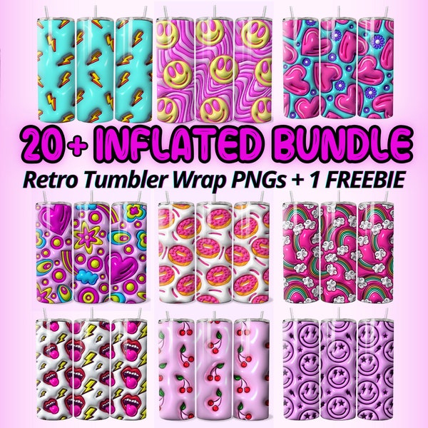 3D Inflated 20oz Skinny Tumbler Wrap Bundle, Retro Puffy Tumbler PNG, Cool Groovy Hippie Tumbler Sublimation Design Instant Digital Download