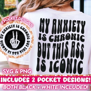Mi ansiedad es crónica PNG SVG, divertido diseño retro PNG, humor adulto png, cita divertida svg, letras onduladas diseño de camiseta svg, descarga digital
