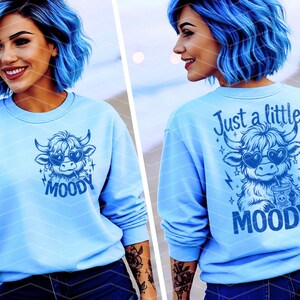 May include: A light blue sweatshirt with a cartoon highland cow wearing sunglasses and holding a drink. The text "Just a little moody" is above the cow and the word "MOODY" is below the cow.