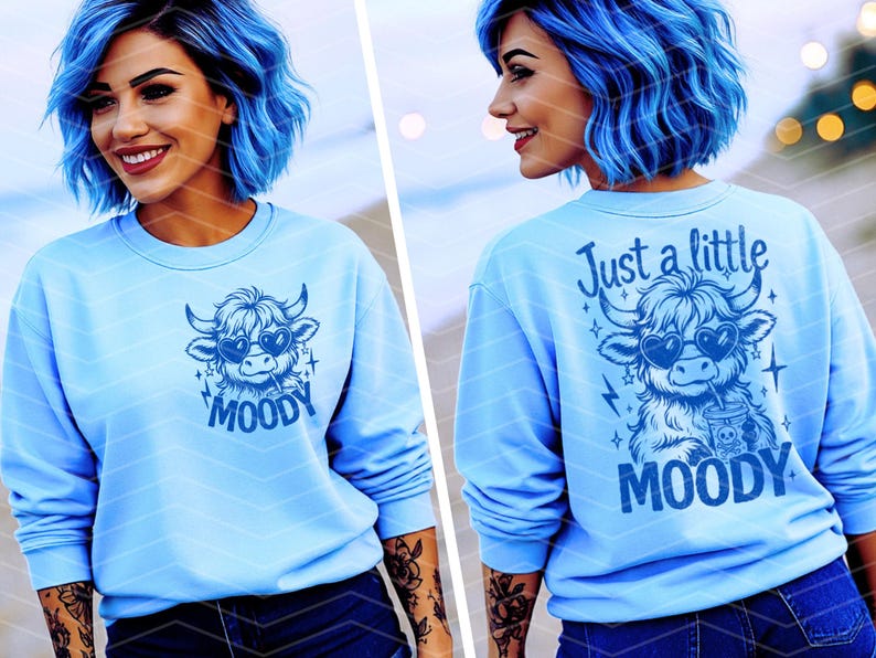 May include: A light blue sweatshirt with a cartoon highland cow wearing sunglasses and holding a drink. The text "Just a little moody" is above the cow and the word "MOODY" is below the cow.