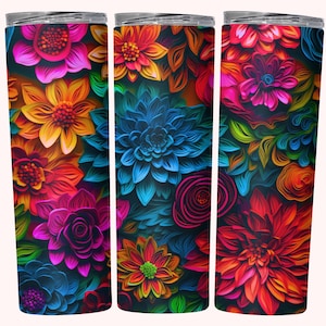 May include: Three stainless steel tumblers with a colorful floral pattern. The pattern features a variety of flowers in shades of red, orange, yellow, blue, green, and purple.