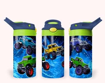 Monster Truck 12oz Kids Flip Top Sippy Cup Tumbler Wrap, 12oz Straight Tumbler Sublimation PNG, Childrens Trucks Tumbler Wrap Design