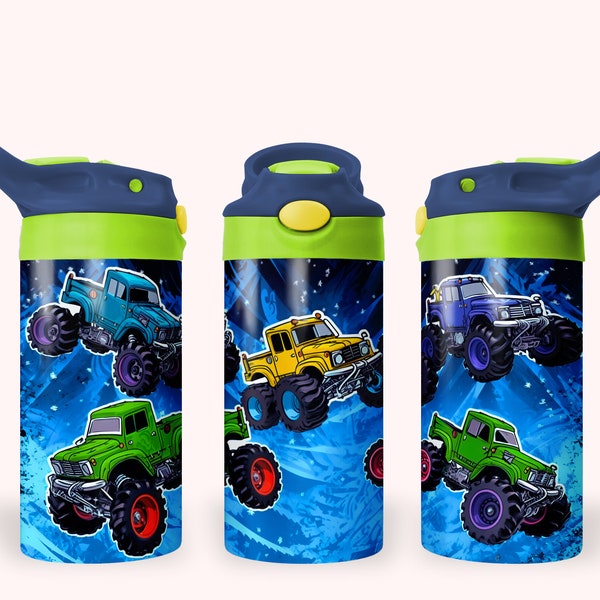 Monster Truck 12oz Kids Flip Top Sippy Cup Tumbler Wrap, 12oz Straight Tumbler Sublimation PNG, Childrens Trucks Tumbler Wrap Design