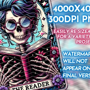 The Reader Tarot Card PNG, Reading Skeleton Sublimation Design, Book Lover Booktrovert Skull Tarot T-shirt Mug PNG File, Digital Download image 6