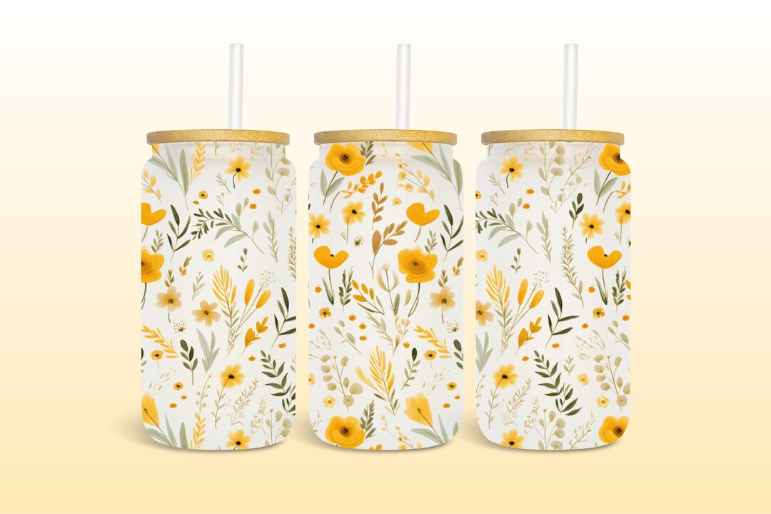 Dainty Wildflowers Glass Can Wrap, Seamless 16oz Glass Can Tumbler ...