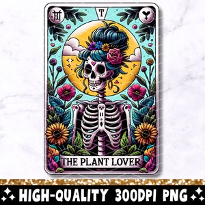 La carta del tarot amante de las plantas PNG, diseño de sublimación de esqueleto, divertida planta dama jardinera calavera tarot camiseta taza archivo PNG, descarga digital