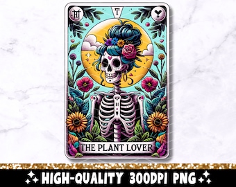La carta del tarot amante de las plantas PNG, diseño de sublimación de esqueleto, divertida planta dama jardinera calavera tarot camiseta taza archivo PNG, descarga digital