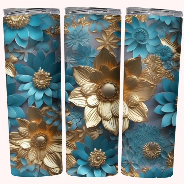 3D Seamless Gold Flowers Tumbler Wrap, 20oz Skinny Tumbler Sublimation Design, Straight & Tapered Tumbler Wrap, 2D Metalic Flowers PNG