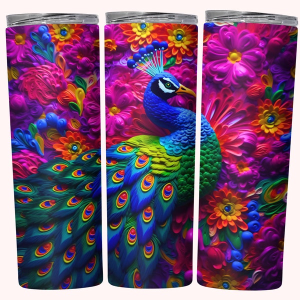 3D Peacock Tumbler Wrap, 20oz Skinny Tumbler Sublimation Design, Instant Download, Straight & Tapered Tumbler Wrap, Colorful 3D Tumbler PNG