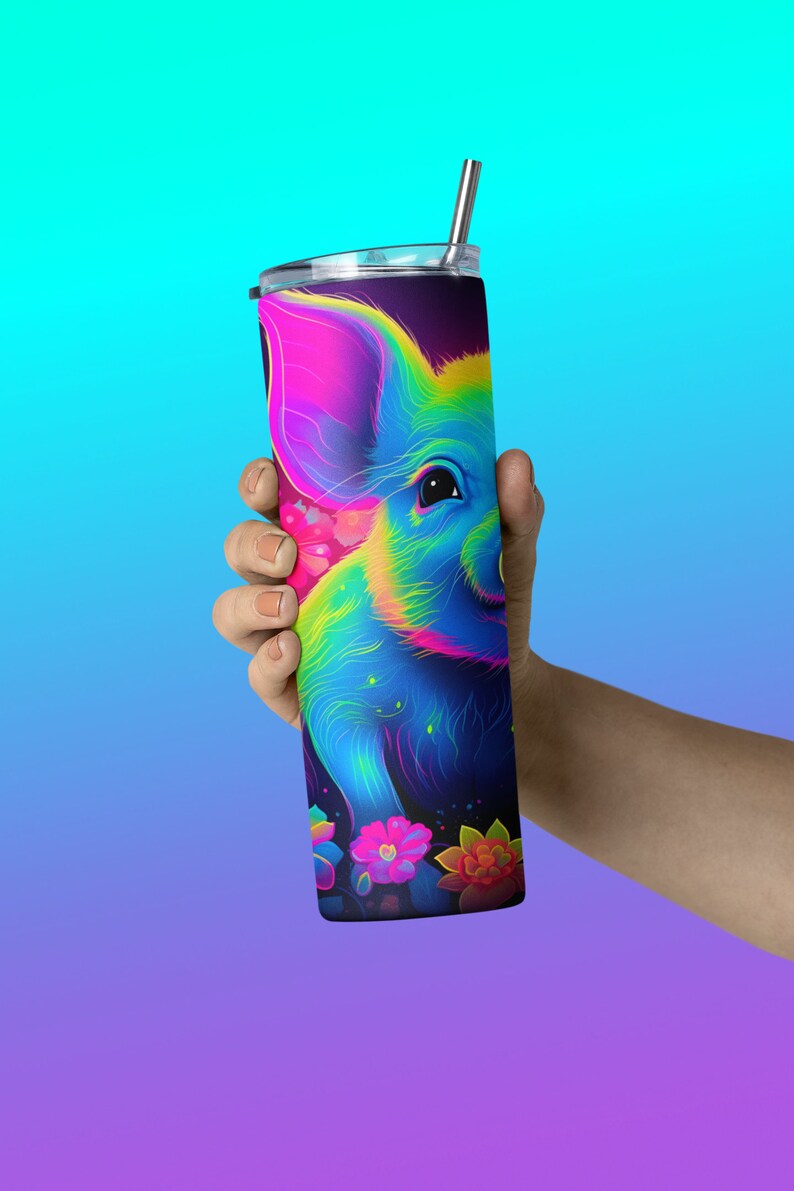 human hand holding a cute tumbler with a wrap digital design sublimation png.  a colorful neon baby pig playing in flowers.  baby pig tumbler wrap