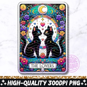 The Lovers Tarot Card PNG, Sublimation Design Cats In Love, Witchy Vibes Lovers Gothic Tarot Trendy T-shirt Mug Black Cat PNG, téléchargement