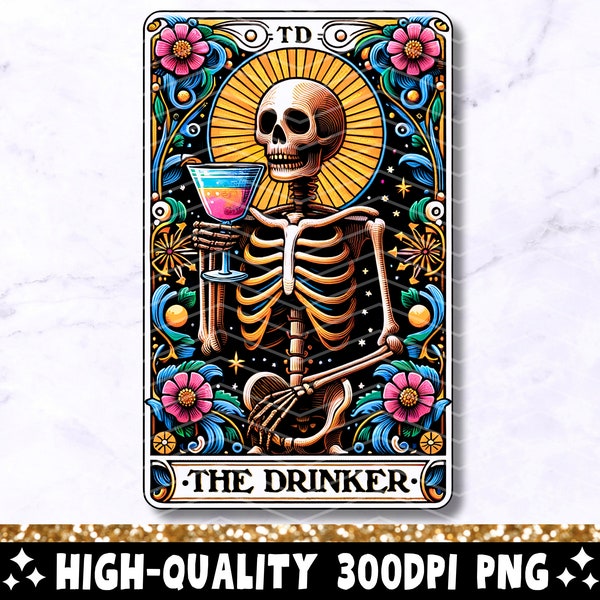 Le buveur drôle de carte de tarot PNG, boire squelette sublimation design, pub bar alcool cocktail crâne tarot tshirt mug téléchargement numérique PNG