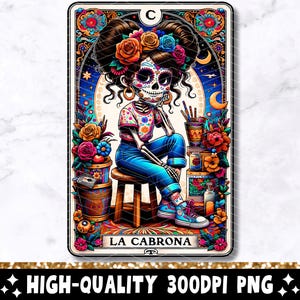 La Cabrona Tarot Karte PNG, lustiges mexikanisches Loteria Sublimationsdesign, spanisches Latein Skelett Chola Chingona Schädel T-Shirt Becher PNG, Download