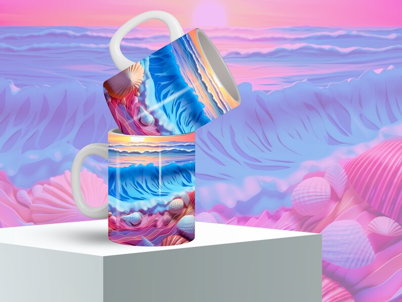 May include: Two white ceramic mugs with a colorful ocean wave and seashell design. The mugs are stacked on top of each other against a pink and blue background.