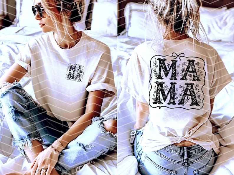 Puede incluir: Camiseta blanca con un dise&ntilde;o floral negro que dice "MAMA" en la espalda y un dise&ntilde;o negro m&aacute;s peque&ntilde;o que dice "MAMA" en el frente.