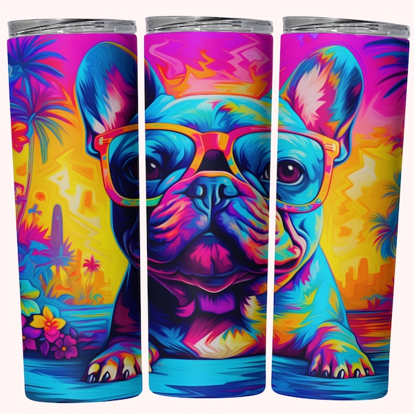 French Bulldog Tumbler Wrap, 20oz Skinny Tumbler Wrap Sublimation PNG, Straight & Tapered Tumbler Wrap, Neon Frenchie Beach Tumbler Wrap PNG