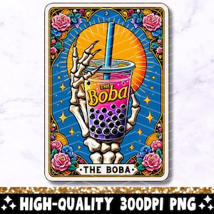 Boba Tea Funny Tarot Card PNG, Design de sublimação de esqueleto sarcástico, Boba Tea Skull Tarot T-Shirt Mug Trendy PNG, Download digital