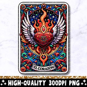 El Corazón Tarot Karte PNG, Brennendes Herz Flügel Sublimationsdesign, Spanisch Mexikanisches Heiliges Herz Latein T-Shirt Becher Loteria PNG, Herunterladen