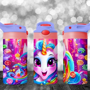 May include: A pink and purple water bottle with a unicorn and rainbow design. The bottle has a flip top lid and a straw.