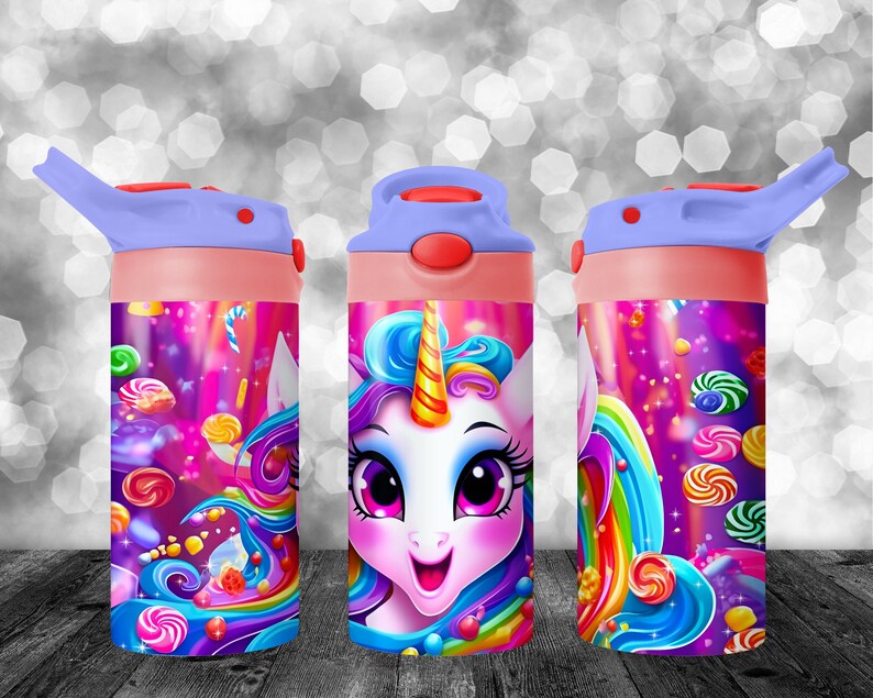 May include: A pink and purple water bottle with a unicorn and rainbow design. The bottle has a flip top lid and a straw.