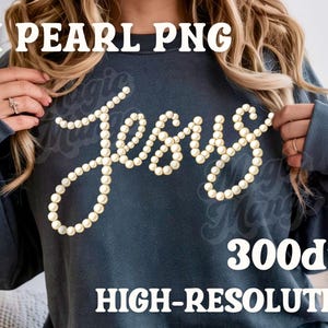 Puede incluir: Una sudadera azul oscuro con la palabra "Jes&uacute;s" escrita con perlas blancas. La imagen tambi&eacute;n incluye el texto "3d PEARL PNG" y "HIGH-RESOLUTION".