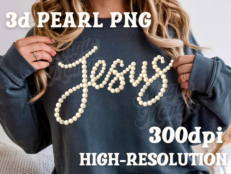 Puede incluir: Una sudadera azul oscuro con la palabra "Jes&uacute;s" escrita con perlas blancas. La imagen tambi&eacute;n incluye el texto "3d PEARL PNG" y "HIGH-RESOLUTION".