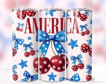 Envoltura para vaso America Cherries Coquette, bandera de EE. UU. con lazo de cereza, diseño de sublimación PNG para vaso de 20 oz con el 4 de julio, descarga digital
