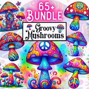 Groovy Mushrooms PNG-bundel, hippiepaddo's-illustraties, Psychodelic trendy coole sublimatieontwerp T-shirt mok png, populaire digitale download
