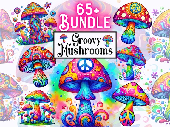 Groovy Mushrooms PNG Bundle, Hippie Shrooms Clip-Art, Psychodelic Trendy Cool Sublimation Design T-Shirt Mug PNG, Popular Digital Download