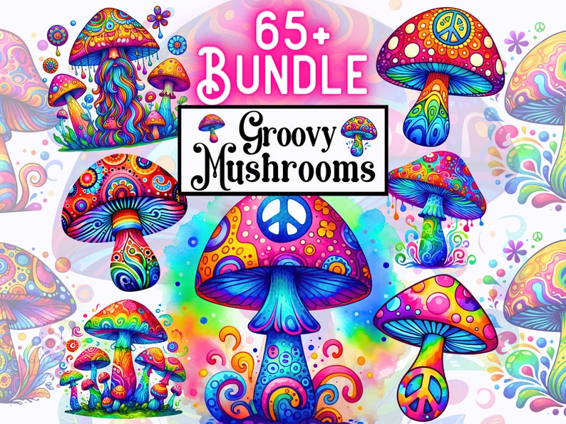 bundle with 65 groovy mushroom png images for sublimation or crafting
