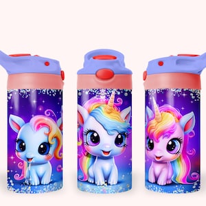 Einhorn 12 Unze Kinder Flip Top Schnabeltasse Tumbler Wrap, 12 Unze gerade Becher Sublimation PNG, Mädchen glitzerndes Einhorn Hübsches Tumbler Wrap Design