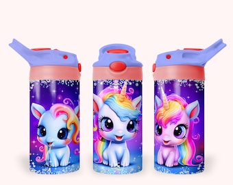 Unicorn 12oz Kids Flip Top Sippy Cup Tumbler Wrap, 12oz Straight Tumbler Sublimation PNG, Girl's Sparkly Unicorn Pretty Tumbler Wrap Design