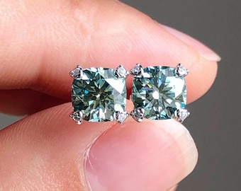 Grüne Moissanite Ohrstecker, Cyan Blaue Moissanite Ohrringe, 14kt Weißgold / Sterling Silber Ohrstecker, Minimalistische Ohrstecker