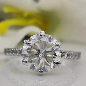 3.00 Ct Colorless Round Moissanite Solitaire With Accent Ring, 6 Prong Moissanite Accent Ring, White Gold Lab Diamond Engagement Ring