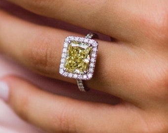 3.8CT Canary Yellow Radiant Cut Moissanite Engagement Ring 14K White Gold Ring Fancy Yellow Moissanite Halo weddingRing Promise Ring For Her