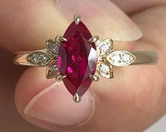 14K Yellow Gold Marquise Ruby Moissanite Engagement Ring Bridal Wedding Promise