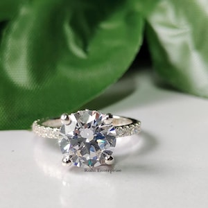3 CT Round Cut Moissanite Engagement Ring Solitaire Moissanite Ring Moissanite Wedding Ring 6 Prong Pave Setting Promise Ring For Women