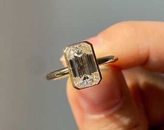 14K Gold Emerald Bezel Set Wedding Ring Women Bridal Moissanite Ring 3.20Ct Emerald Cut Moissanite Engagement Ring Wedding Ring Promise ring