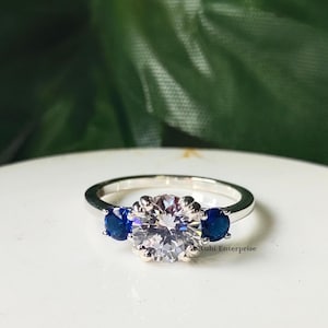 Three Stone Engagement Ring, 1 CT Round Cut & Blue Sapphire Diamond Wedding Ring, 14K White Gold Three Stone Simulant Diamond Women&#39;s Rings