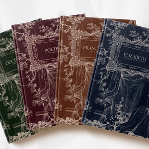 May include: Five hardcover books with decorative covers featuring a floral pattern. The titles of the books are "Decrepit Thoughts", "Poetry by Emily", "Frances Est. 1987", and "Elizabeth Thoughts & Notes".
