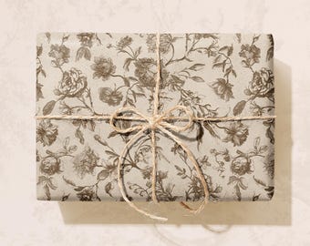 Papel de embrulho elegante em tom marrom | Estilo Dark Academia Clássico | Estampa floral francesa Toile | Presentes para aniversários, casamentos e outras ocasiões especiais