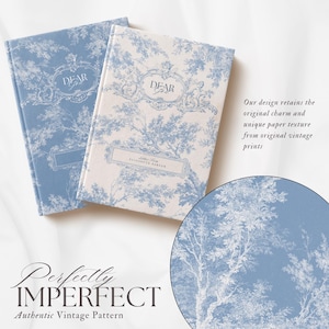 May include: Two hardcover books with a blue and white toile de jouy pattern. The covers feature the text "DEAR GOD" and "Letters From ELIZABETH PARKER" within ornate frames. A circular inset shows a magnified view of the blue and white tree print.