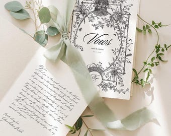 Whimsical Wedding Vow Cards Template Editable, Botanical His and Her Vows, Printable Vow Book, Canva Template, Instant Download