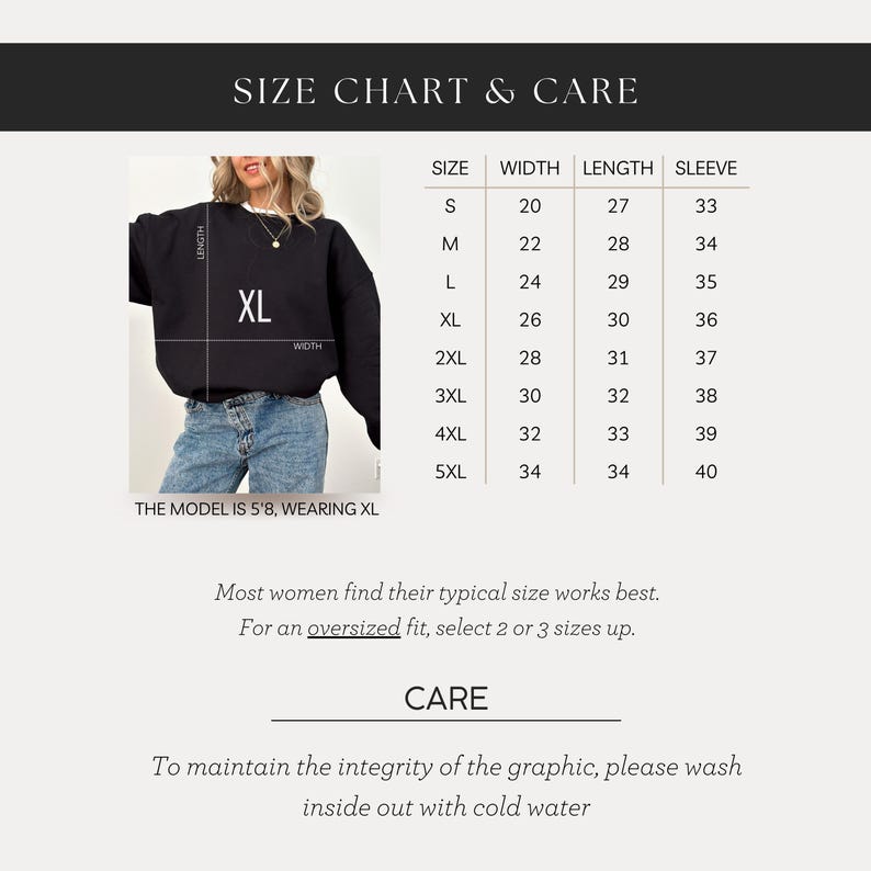 May include: Size chart and care instructions for a black sweatshirt with the word "XL" printed on it. The chart shows measurements in inches for width, length, and sleeve length for sizes S through 5XL.